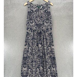 Lauren Ralph Lauren Dress Women 10 Black White Paisley Maxi Jersey Knit Surplice